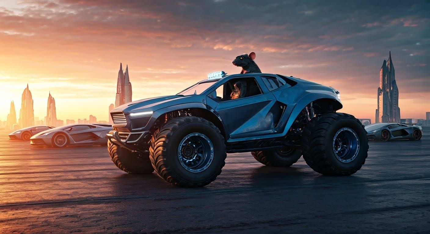 Futuristic Cityscape at Dusk with High-Tech Supercars