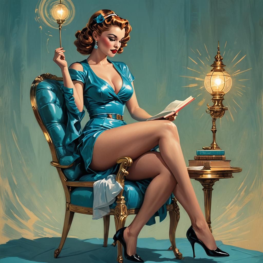 Pin-Up Girl Reading Book in Surreal Golden Room