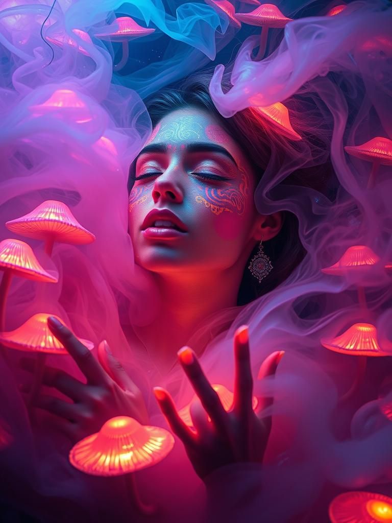 Surreal Glowing Mushroom Wonderland with Neon Lights