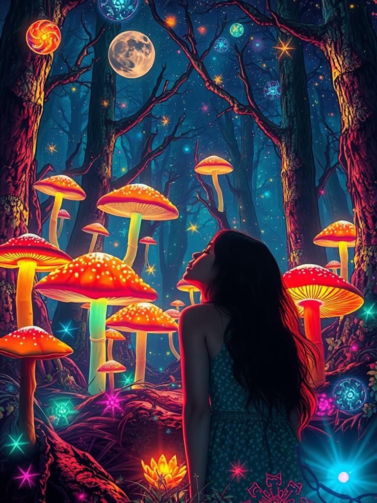 Psychedelic Forest with Glowing Mushrooms