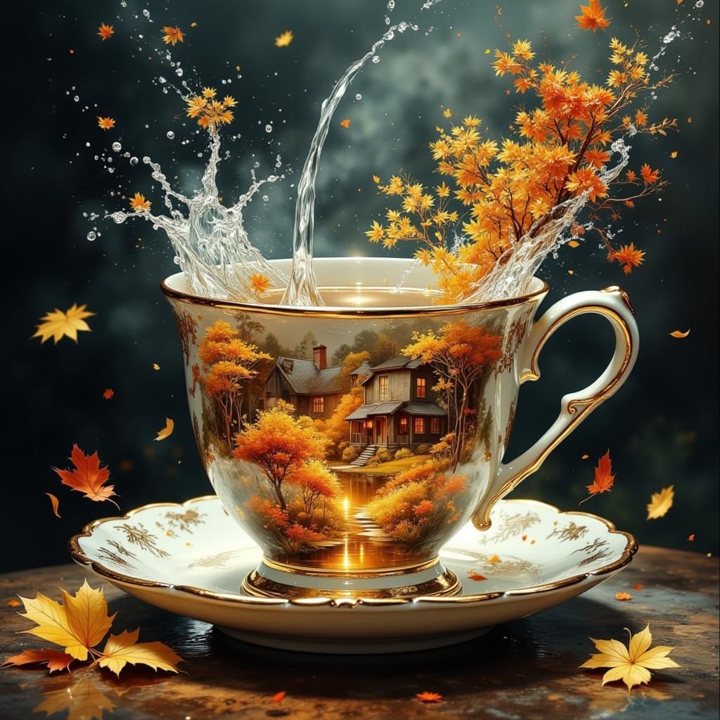 Surreal Autumn Landscape Teacup in Digital Painting Style