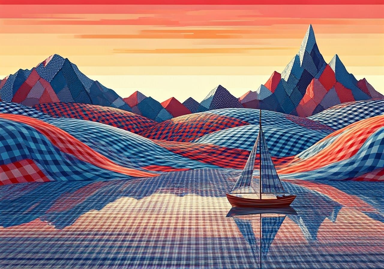 Whimsical Gingham Landscape with Majestic Mountains