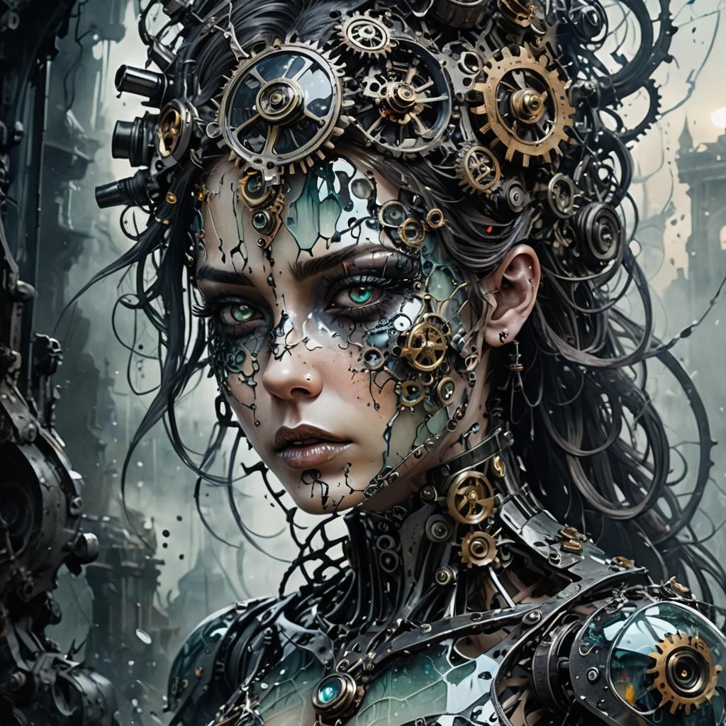 Shattered Biopunk Cyborg with Glass and Gears