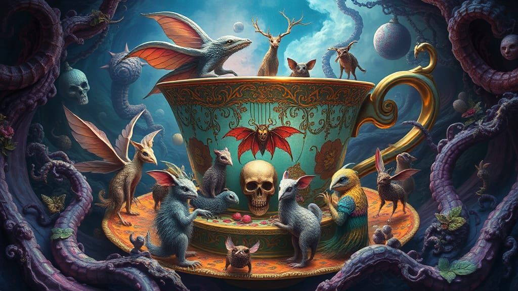 Surreal Mad Hatter Tea Party in Ornate Teacup