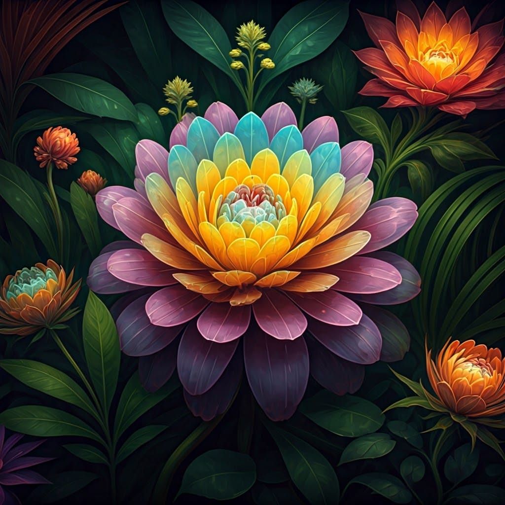Kaleidoscopic Flower in a Vibrant Fantasy Garden