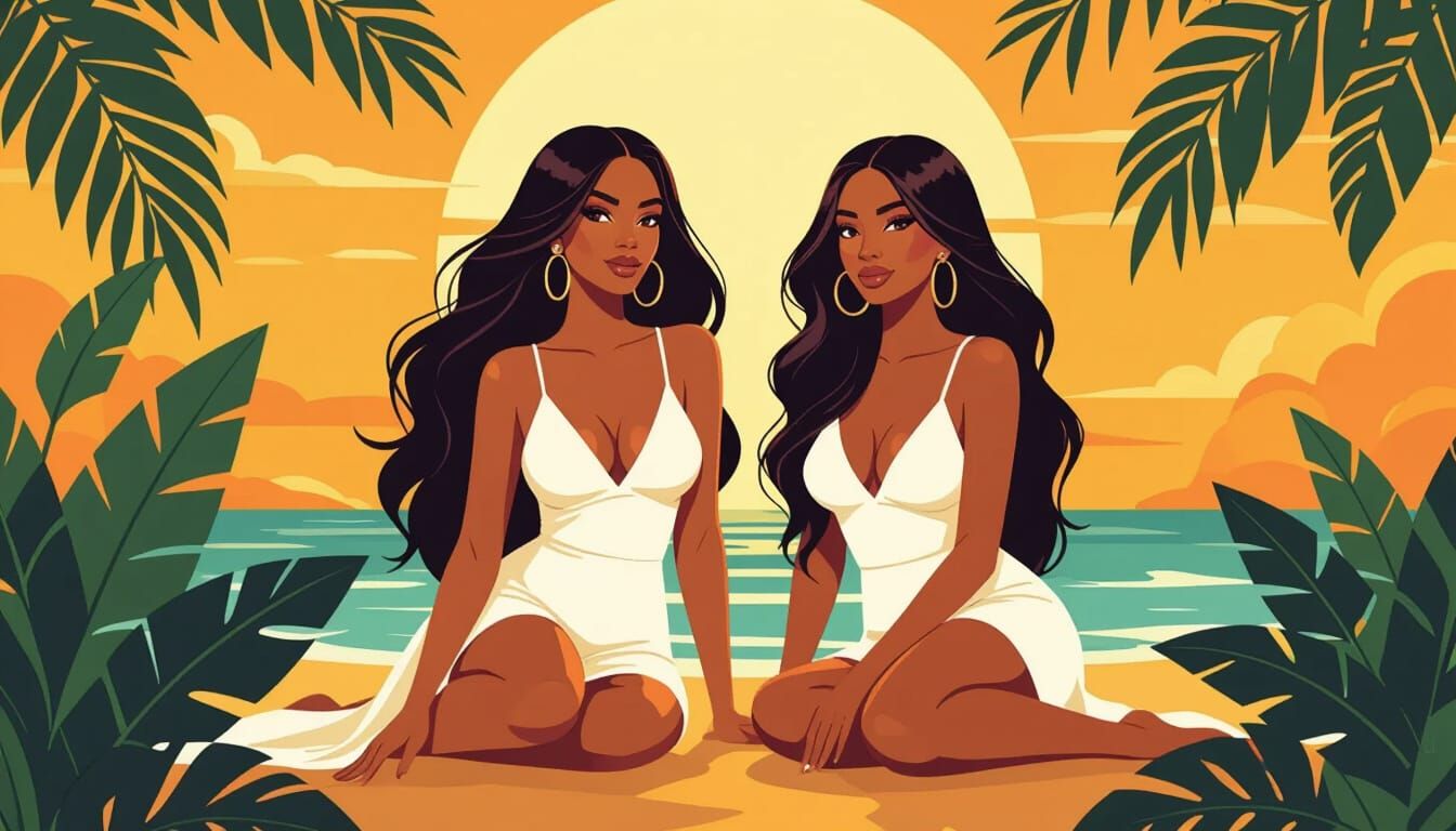 Tropical Illustration of Two Women in Vintage Style