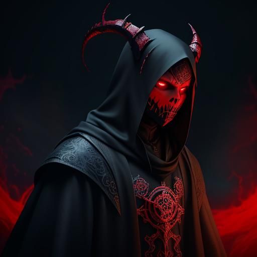 Eerie Cloaked Figure with Twisted Horns in Art Deco Gothic S...