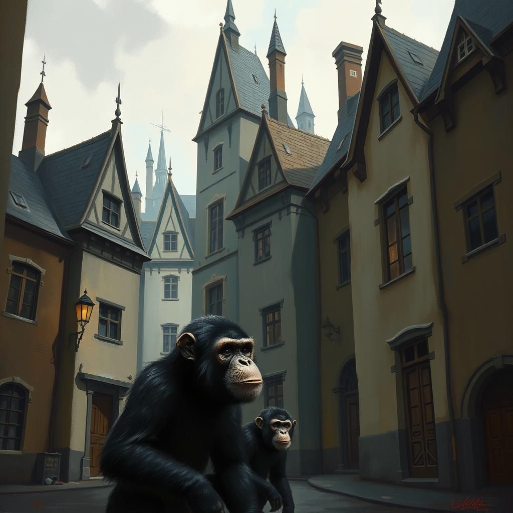 Chimpanzees in Whimsical Futuristic European Cityscape