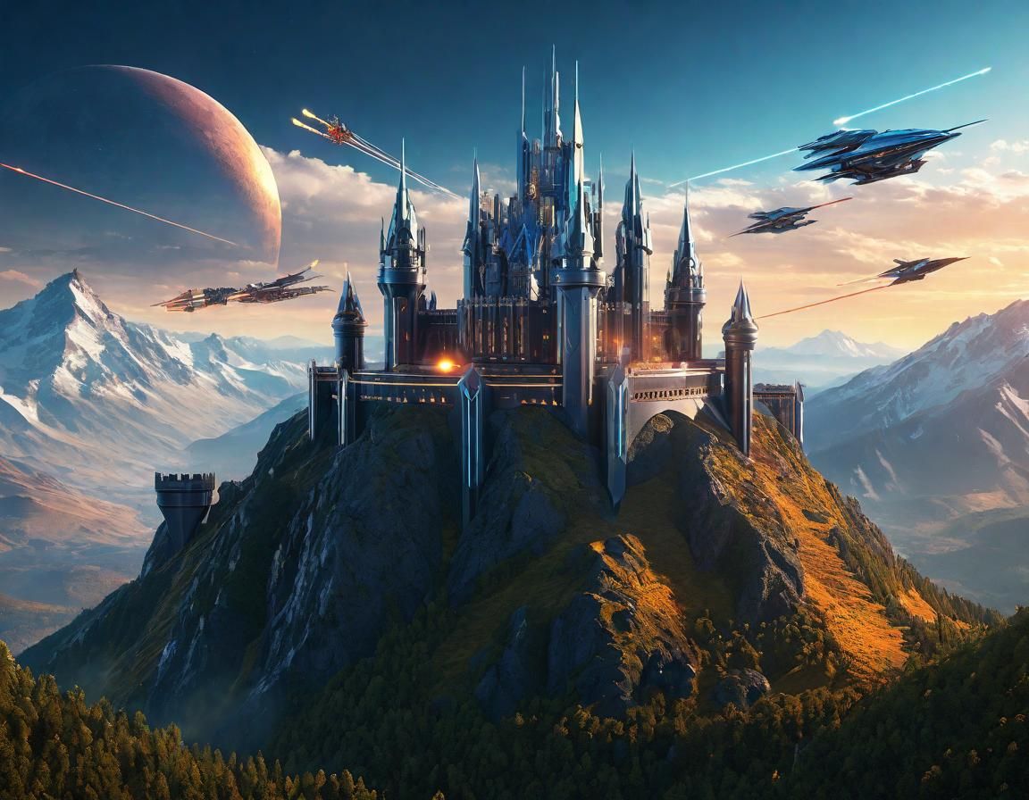 Futuristic Castle Laser Battle at Magic Hour