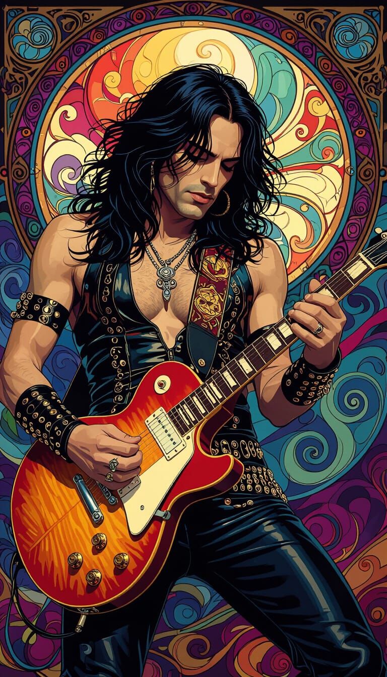 Psychedelic Guitarist in Art Nouveau Style