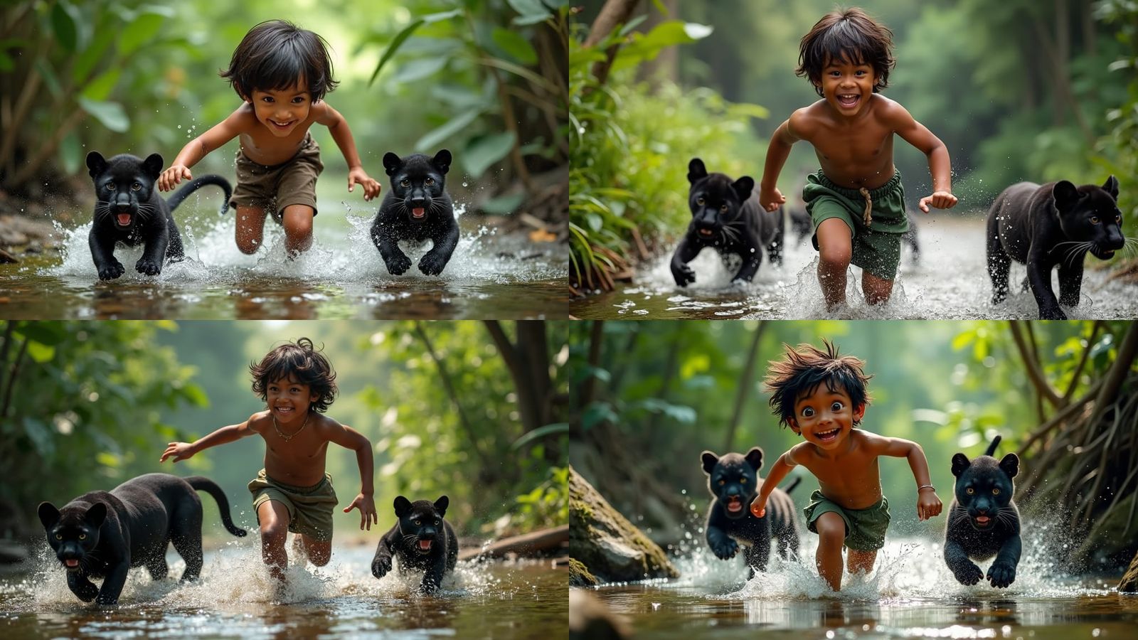 Photograph of a smiling Jungle Book boy, Mowgli, running wit...