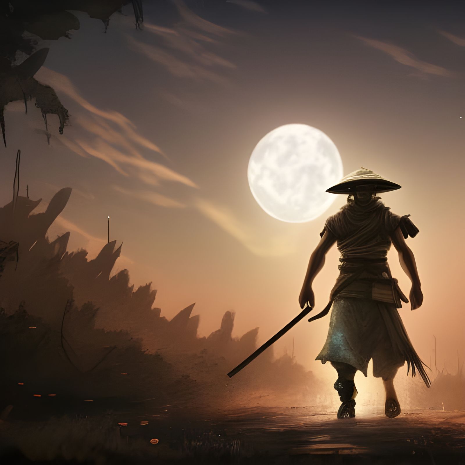 Wasteland Wanderer with Samurai Style Under Two Moons