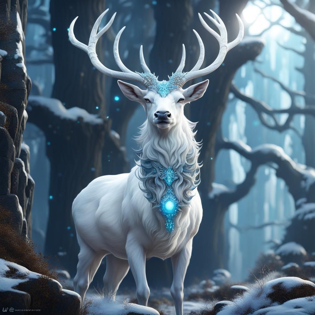 Icy-Eyed White Stag Fantasy Concept Art
