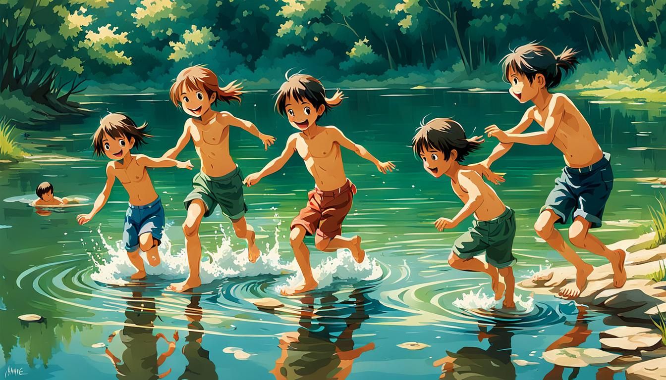 Children Playing in Lake in Anime Style