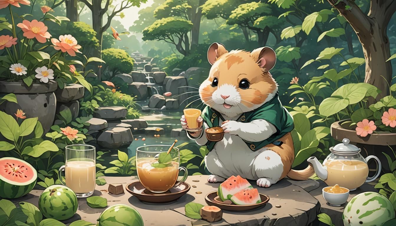 Hamster in Japanese Garden with Milk Tea, Anime Style