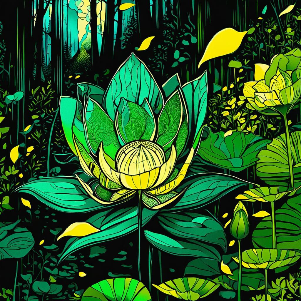 Glowing Lotus Flower in Dark Forest, Inkwash Painting