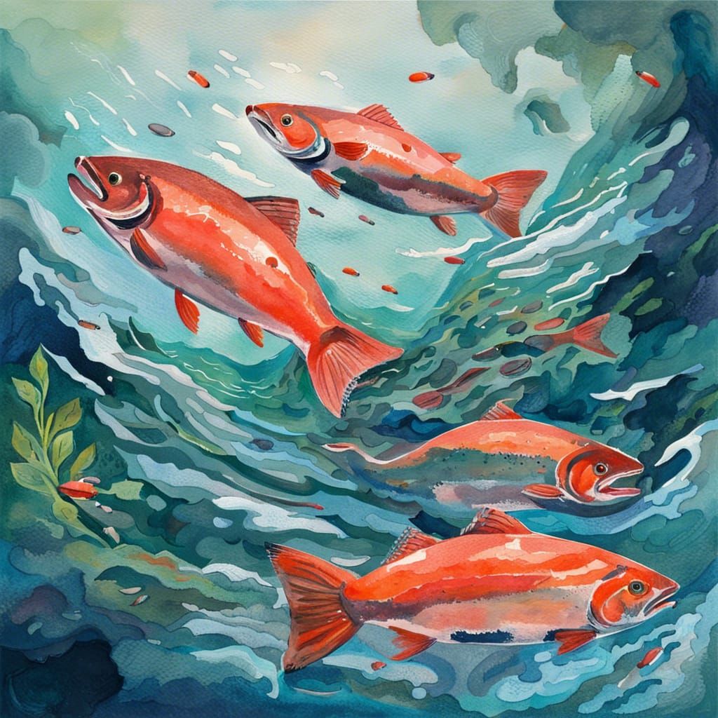 Salmon Swimming Upstream in Gouache Watercolor Style