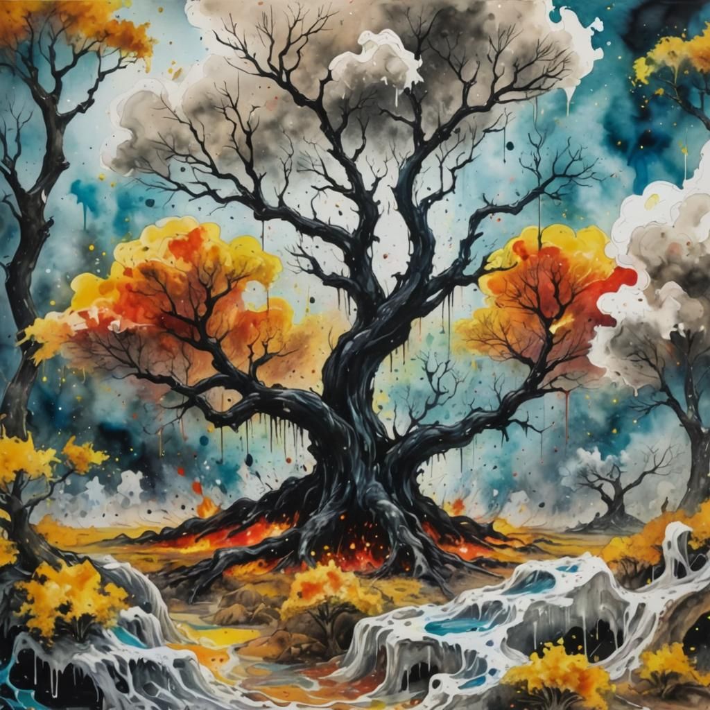 Dramatic Ink Splatter Painting in Watercolor Style