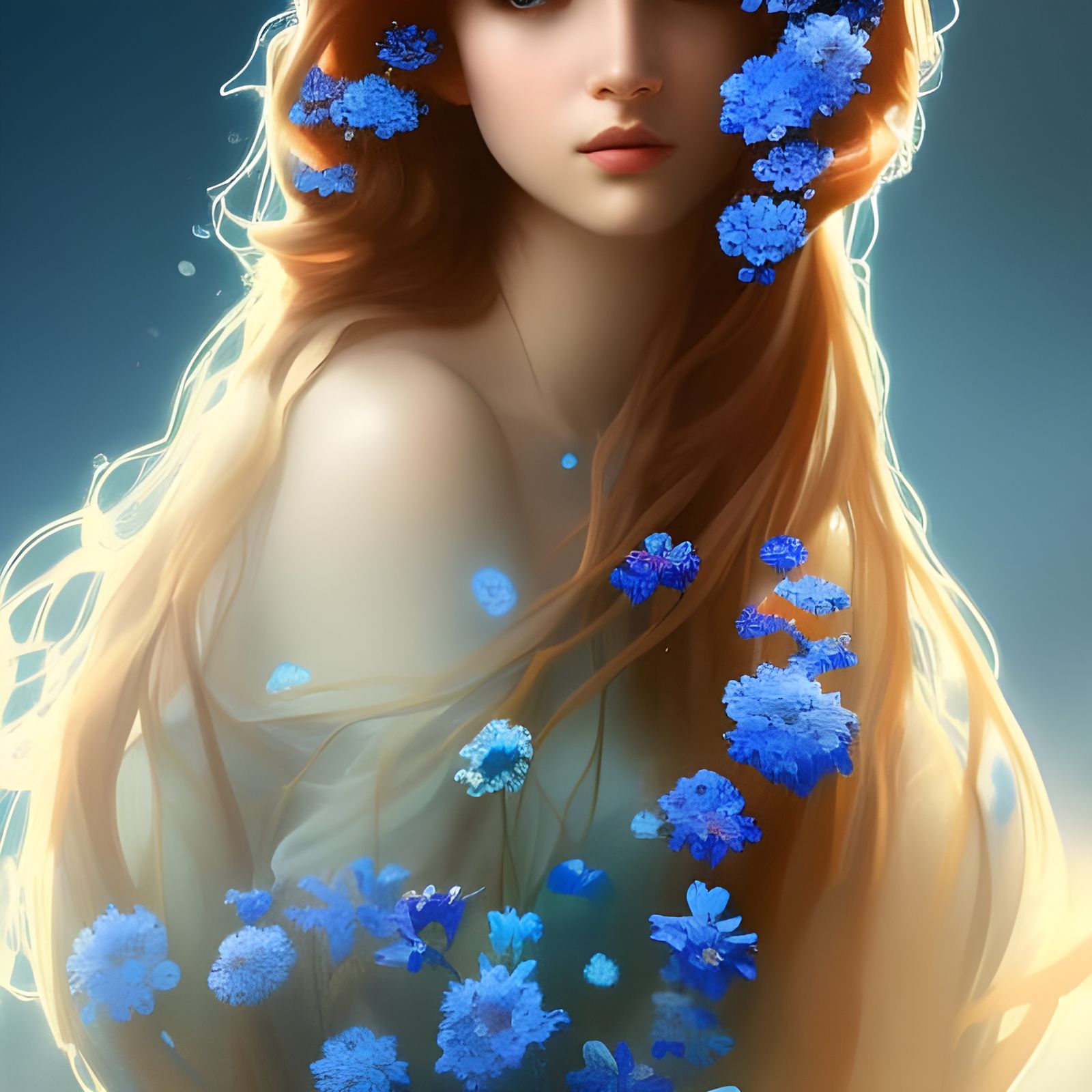 Girl with Blue Flowers: Hyperdetailed Portrait