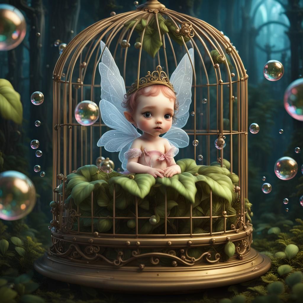 Cute Baby Fairy in Magic Cage, Mark Ryden Style