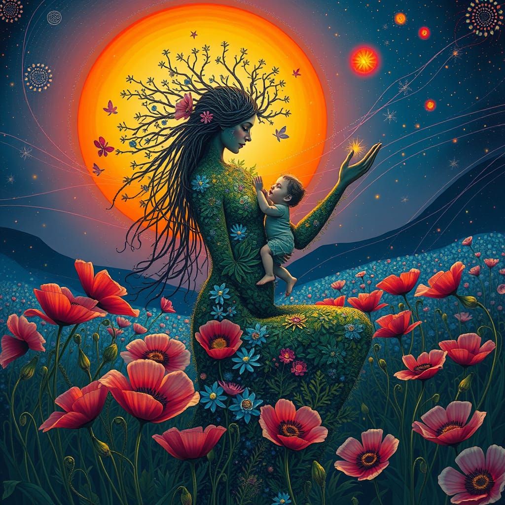 Ethereal Mother Dances with Stardust Child in Vibrant Himala...