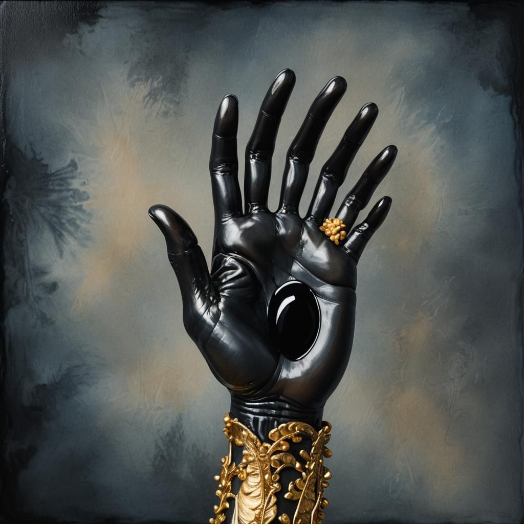 Onyx Hand Grasping Golden Rice Kernel in Surrealism