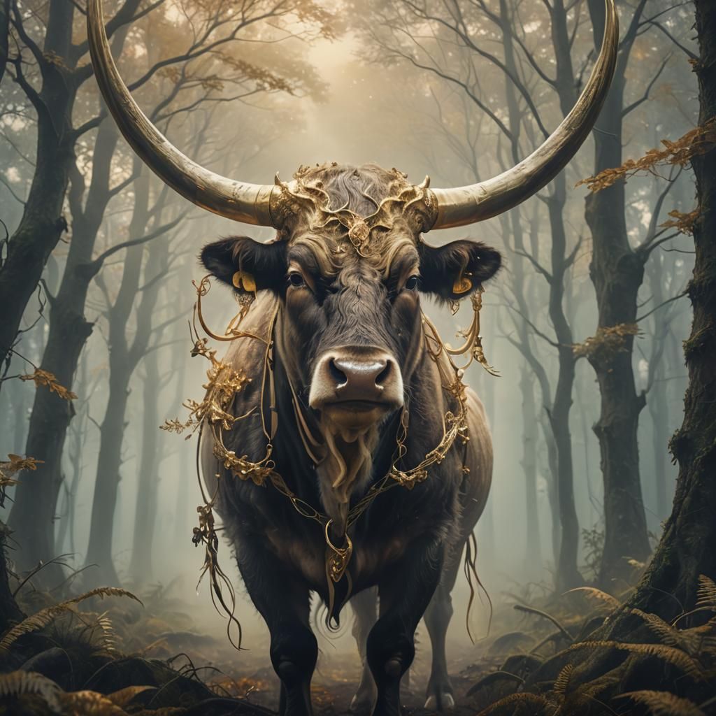 Mystical Ox in Misty Forest: Surreal Digital Art