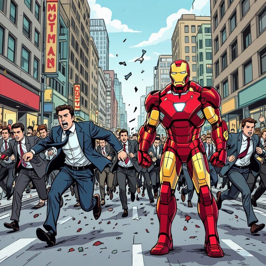 Iron Man Amidst Panic in Comic Style