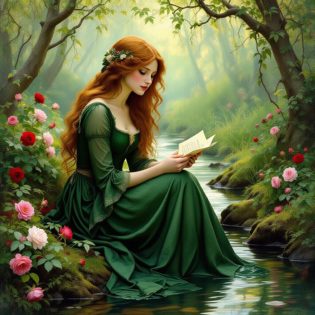 Melancholic Lady in Mossy Forest: Pre-Raphaelite Style