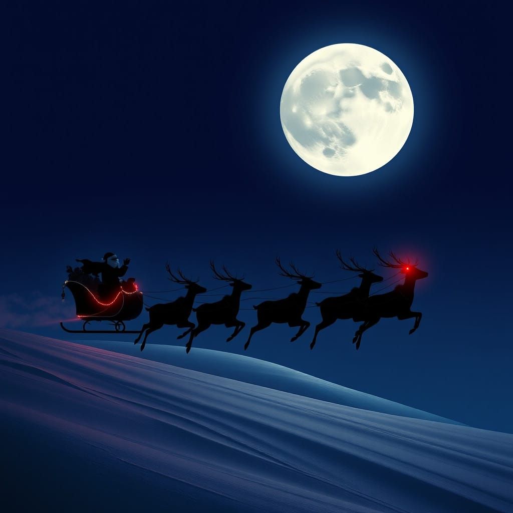Classic Christmas Scene: Silhouetted Santa Sleigh with Glowi...