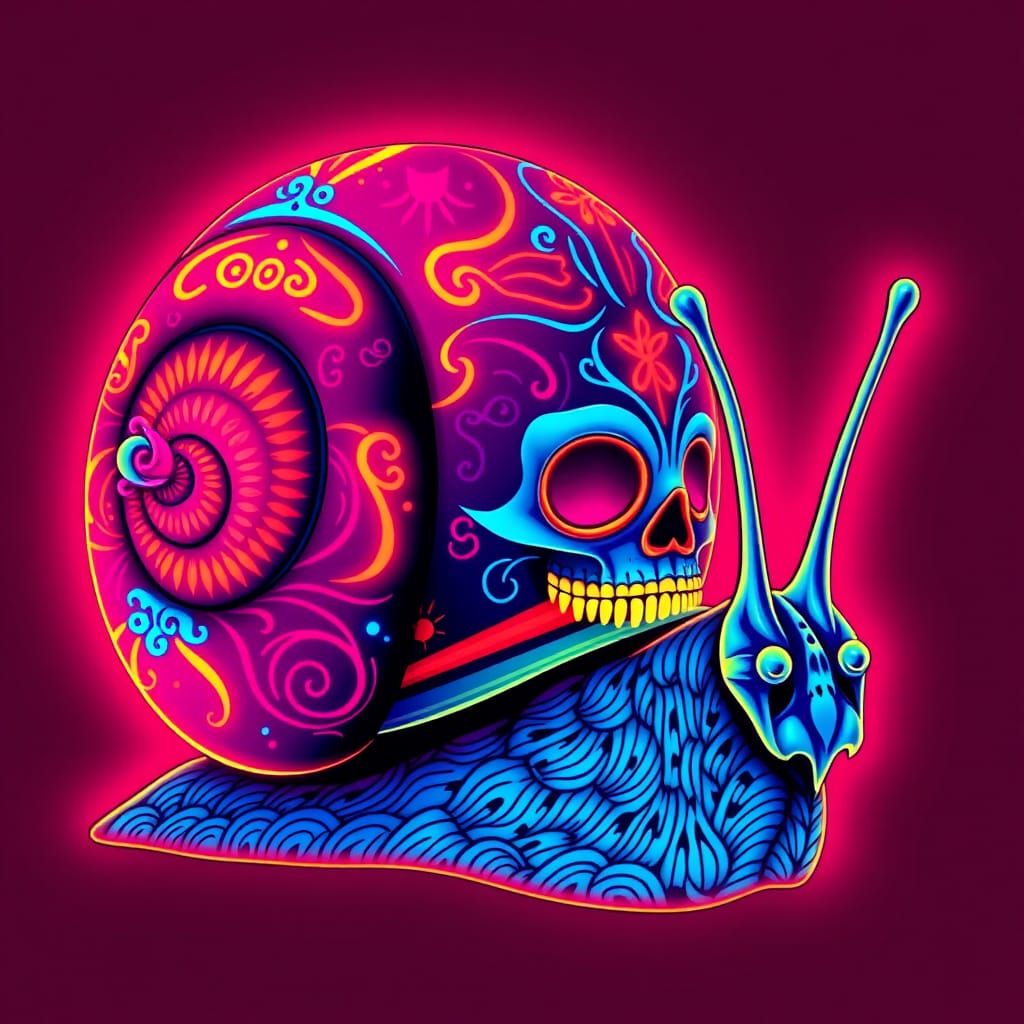 Synthwave Catrina Snail Illustration in Neon Retro Style