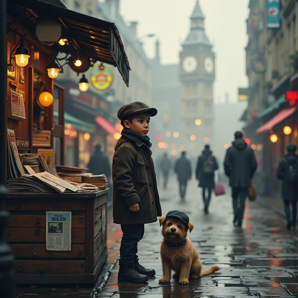 Boy and Dog Selling Newspapers in Fantasy London