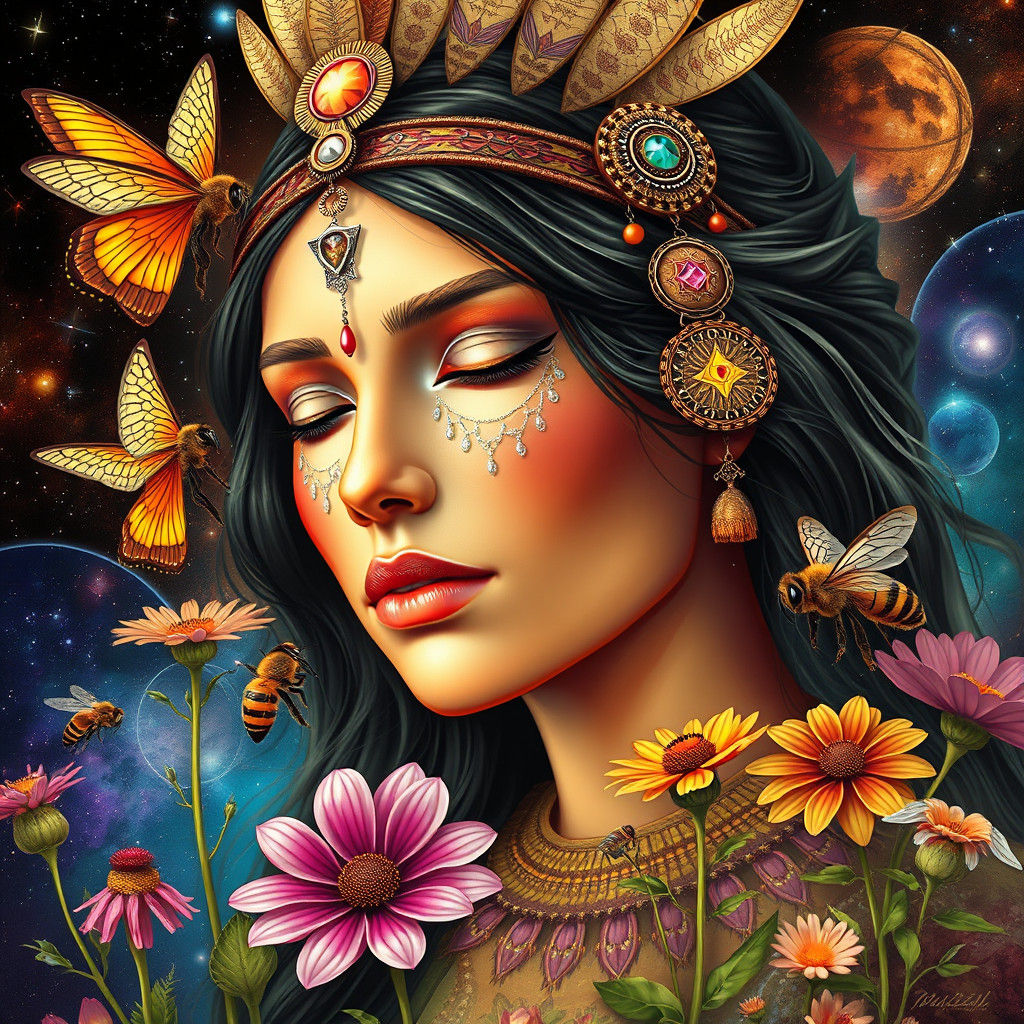 Native American Goddess with Bees in Dali Style