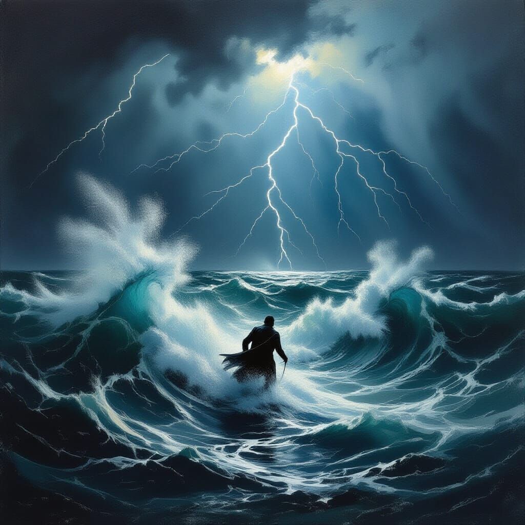 Figure Battles Stormy Sea in Dramatic Oil Painting Style