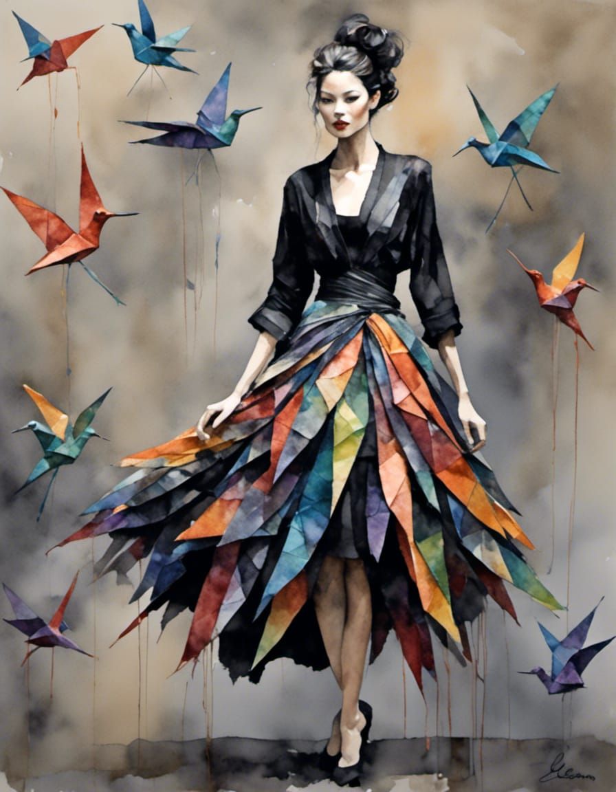 Origami Crane Sculpture in Neoimpressionist Watercolor