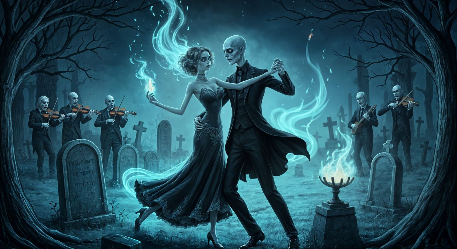 Undead Waltz Night Prom in Graveyard with Ghostly Fire