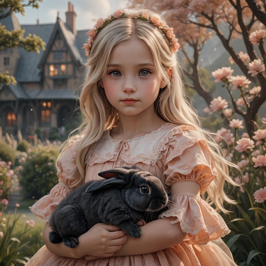 Girl Holding Black Bunny Rabbit: Surreal Fine Art Portrait
