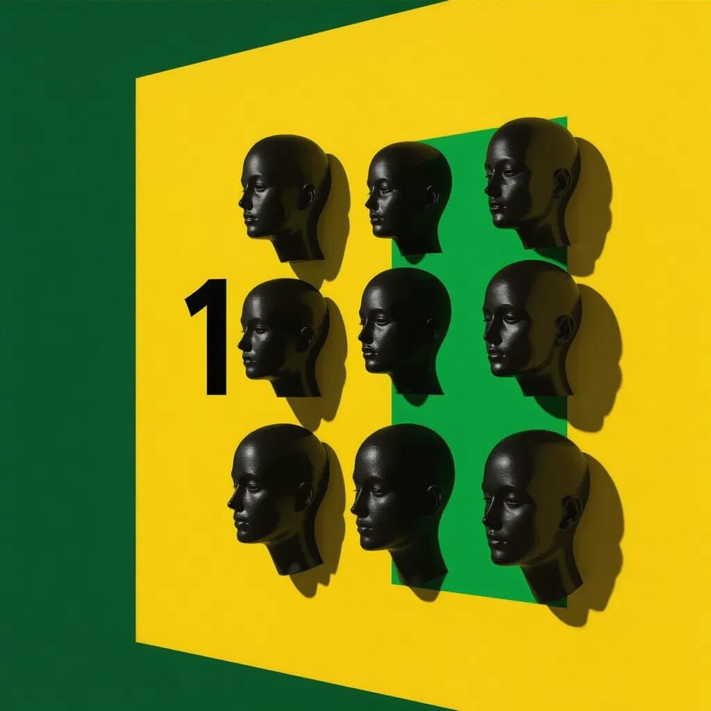 Minimalist Yellow Photo With Green Rectangle and Black Heads