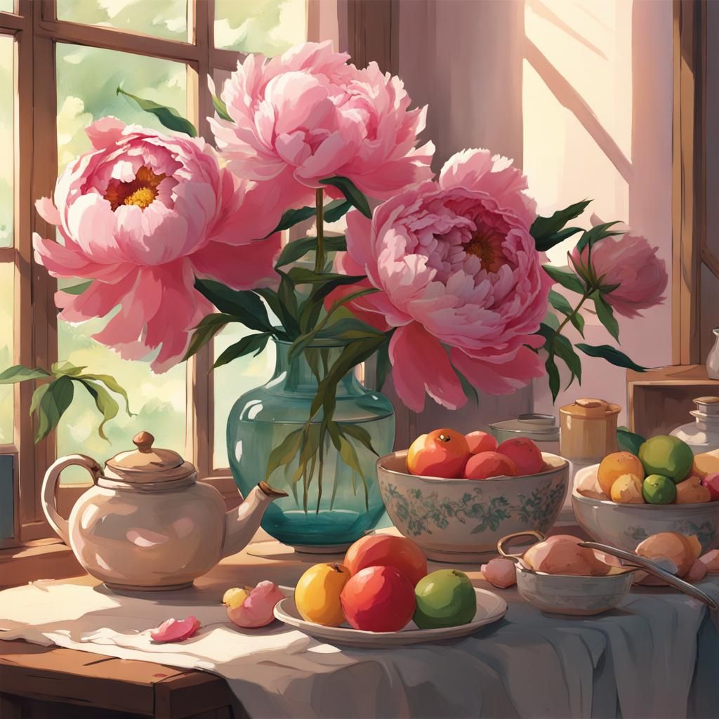 Peony Still Life in Anime Style