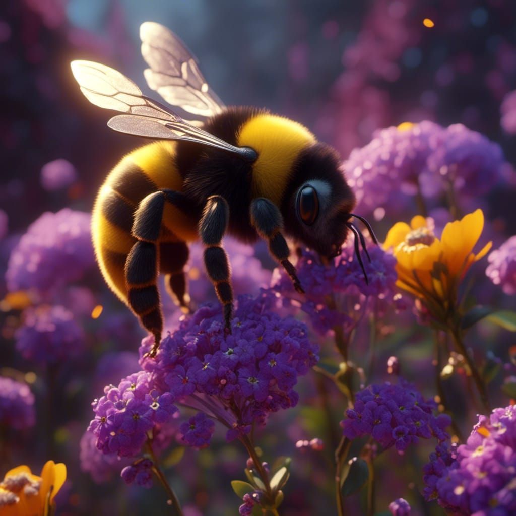 Bumblebee Pollinating Flowers in Dark Fantasy Style