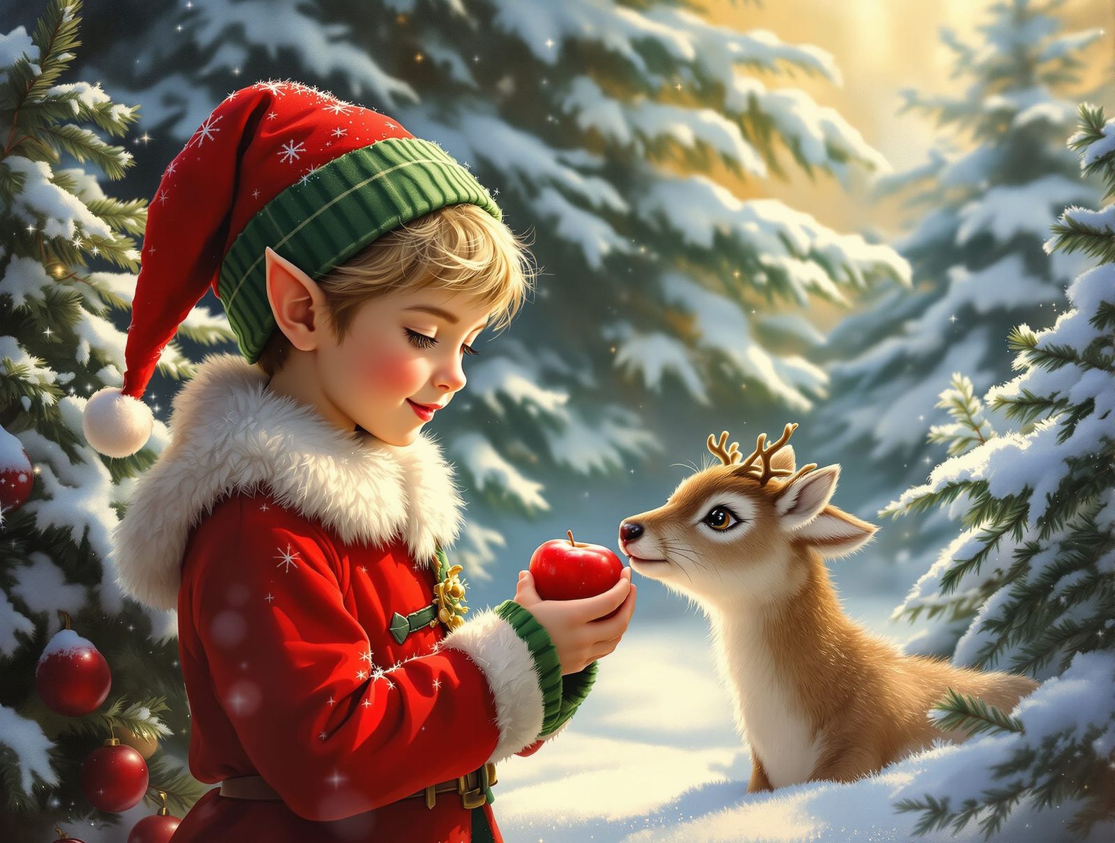 Elves Feeding Baby Reindeer in Snowy Forest Oil Painting