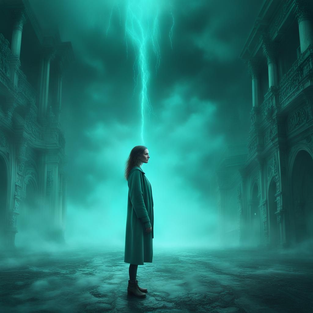 Sad Woman in Turquoise Mist: Digital Matte Painting