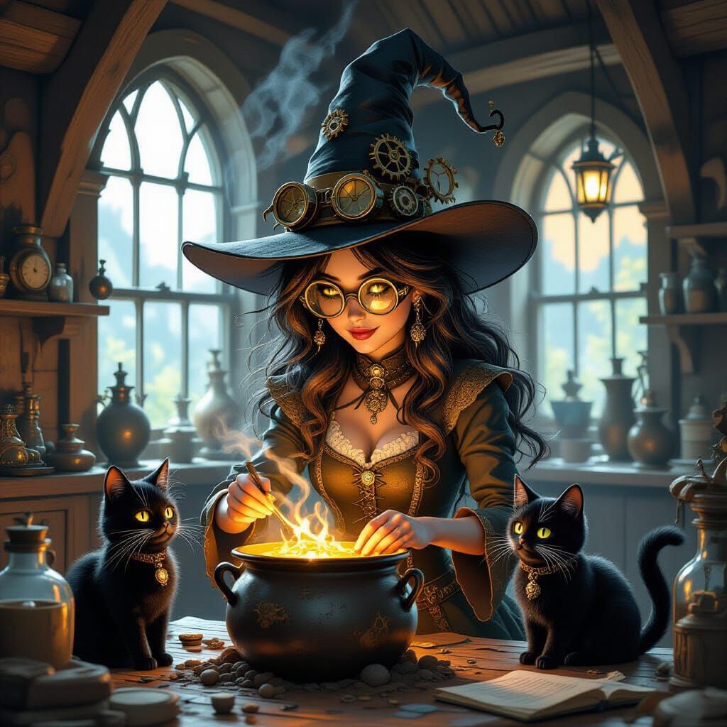 Steampunk Witch and Cat in Enchanted Cottage Digital Paintin...