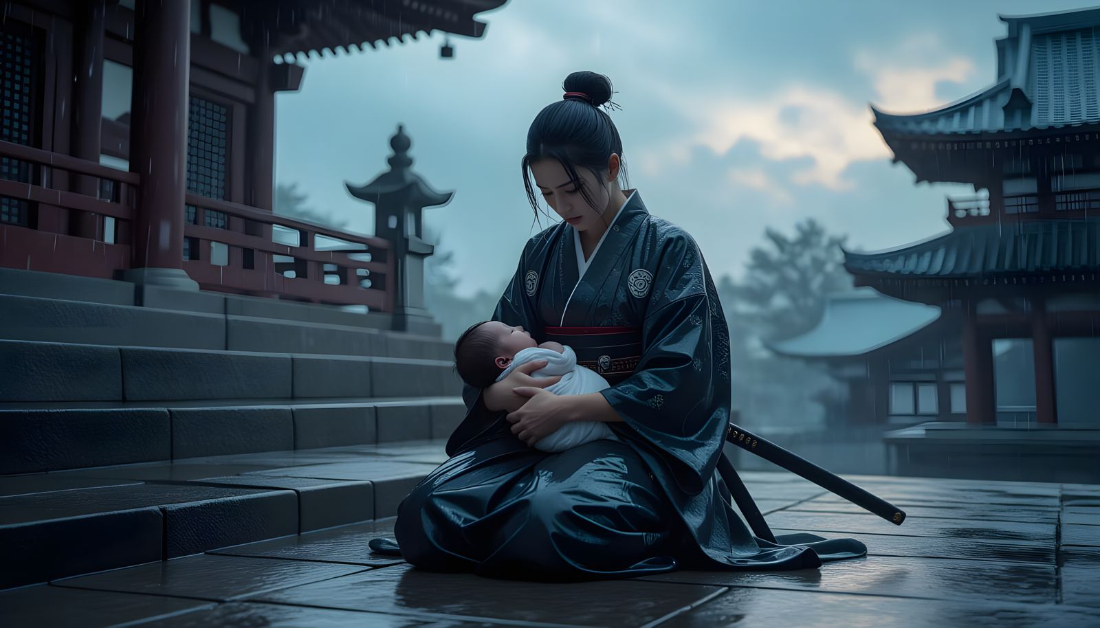 Weary Samurai Shields Newborn on Temple Steps at Dawn