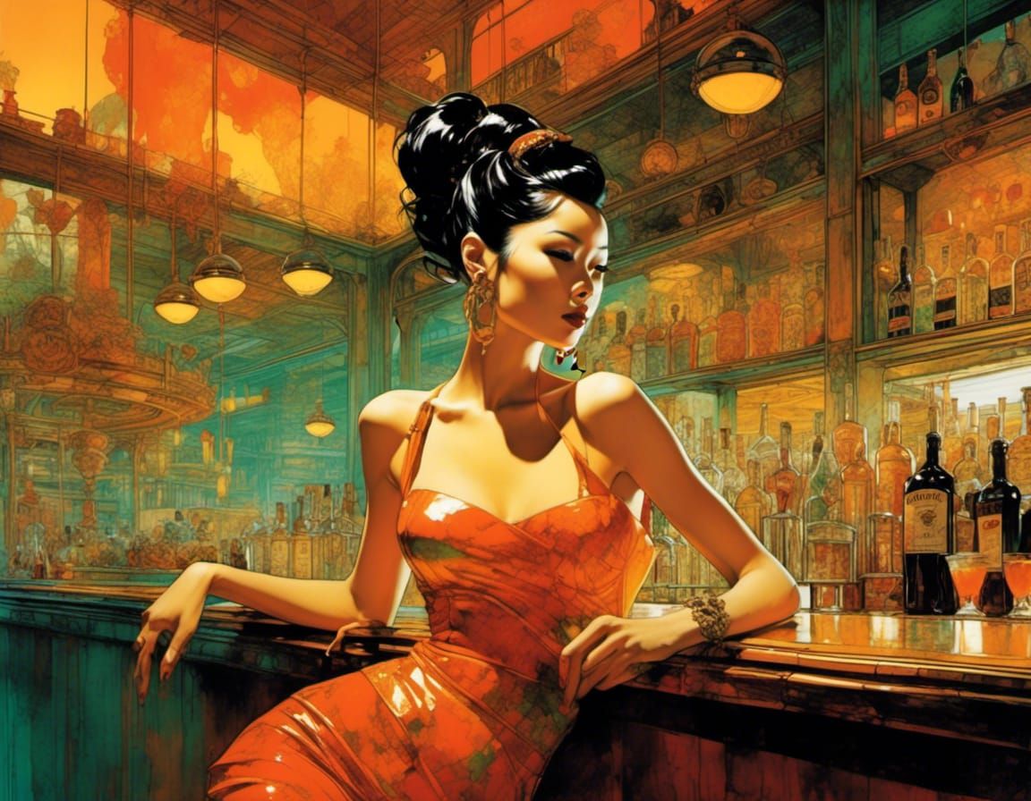 Seductive Cyber Barmaid in Retro Pin-Up Style