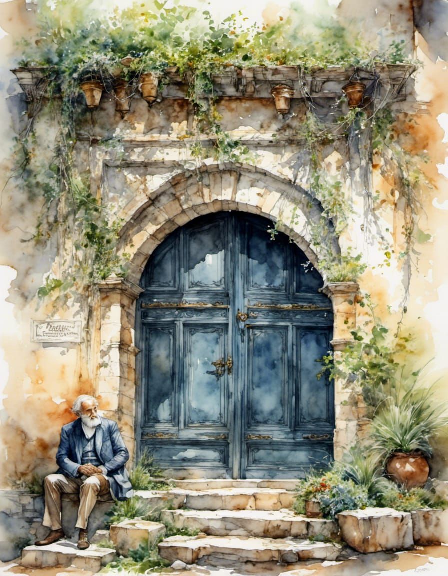 Watercolor Old Man by Stone Doorway