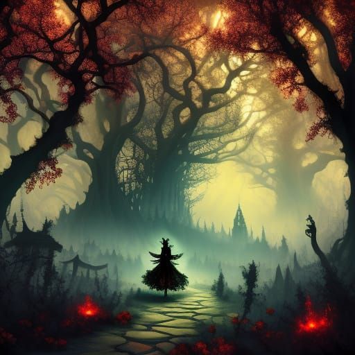 Witch and Fairy in Enchanted Forest, Digital Art