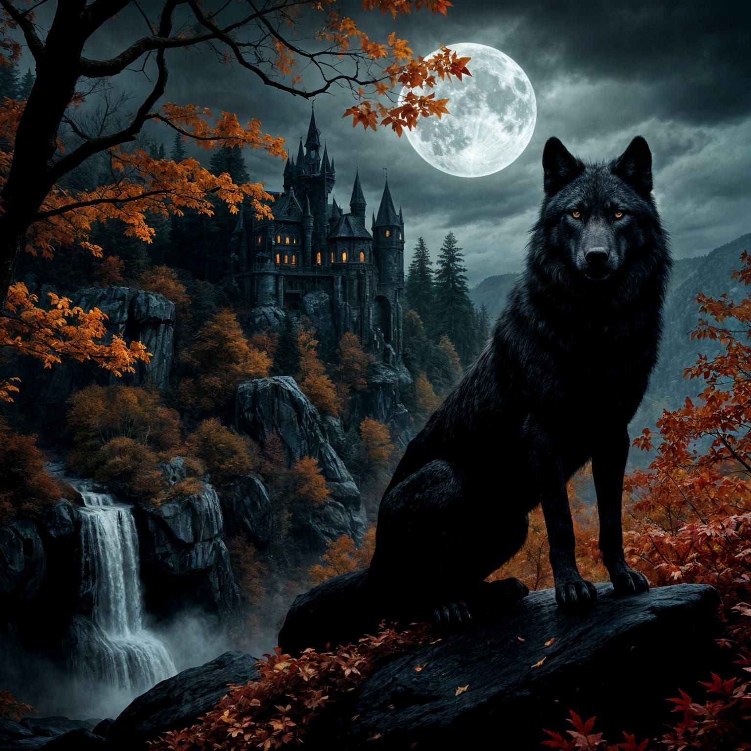 Majestic Wolf on Moonlit Ridge in Dark Fantasy Style