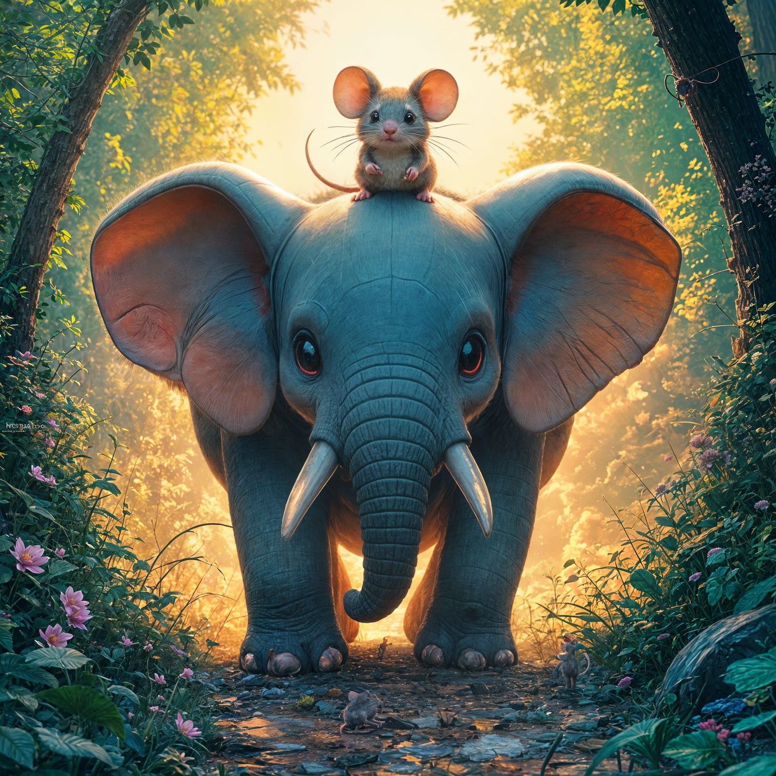 Cute Mouse Rides Epic Elephant, Detailed Digital Art