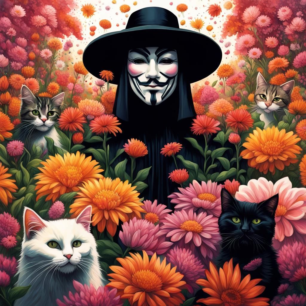 V for Vendetta Surrounded by Flowers: Hyperrealistic Art